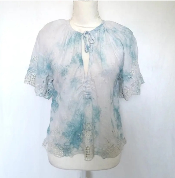 Anthropologie Blue White Olivia Embroidered Tie Dye Blouse Top XS - Picture 5 of 9